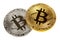 Silver and gold bitcoin coins isolated on white. Close up image. Electronic cryptography currency money exchange concept.