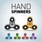 Silver, gold and color fidget spinners and text info. Fidget spinner isolated illustration.