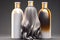 silver and gold shampoo and gel bottles and hair wig, hair cosmetics for bath treatments illustration Generative AI