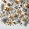 Silver and golden christmas particles and sprinkles on white background for a holiday celebration like christmas or new year.