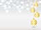 Silver Gradient background with white bokeh light. Christmas background with four hanging golden shiny ball decoration