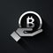 Silver Hand holding Bitcoin icon isolated on black background. Blockchain technology, digital money market, cryptocoin