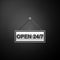 Silver Hanging sign with text Open 24-7 hours icon isolated on black background. Business theme for cafe or restaurant