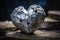 A silver hard looking heart sitting on some rocks, Generative AI