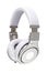 Silver headphones on white background