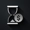 Silver Hourglass with dollar icon isolated on black background. Money time. Sandglass and money. Growth, income, savings