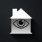 Silver House with eye scan icon isolated on black background. Scanning eye. Security check symbol. Cyber eye sign. Long