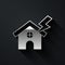 Silver House and lightning icon isolated on black background. House with thunderbolt for house or property insurance