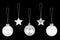 Silver Ð¡hristmas tree decorations set black background isolated closeup, glass balls & metal stars hanging on thread collection