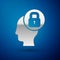 Silver Human head with lock icon isolated on blue background. Vector