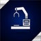 Silver Industrial machine robotic robot arm hand factory icon isolated on dark blue background. Industrial robot