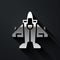 Silver Jet fighter icon isolated on black background. Military aircraft. Long shadow style. Vector