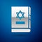 Silver Jewish torah book icon isolated on blue background. On the cover of the Bible is the image of the Star of David