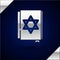 Silver Jewish torah book icon isolated on dark blue background. Pentateuch of Moses. On the cover of the Bible is the