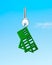 Silver key with green grass house shape keyring, blue sky