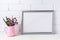 Silver landscape frame mockup with purple flowers in pink rustic