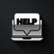 Silver Laptop and help icon isolated on black background. Adjusting, service, setting, maintenance, repair, fixing. Long
