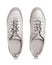 Silver leather sneakers white background isolated close up top view, stylish light gray suede gumshoes, pair of beige shoes