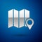 Silver Location of the forest on a map icon isolated on blue background. Vector