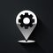 Silver Location with gear icon isolated on black background. Long shadow style. Vector Illustration