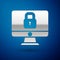 Silver Lock on computer monitor screen icon isolated on blue background. Security, safety, protection concept. Safe