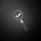 Silver Magnifying glass and check mark icon isolated on black background. Magnifying glass and approved, confirm, done