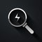 Silver Magnifying glass with lightning bolt icon isolated on black background. Flash sign. Charge flash. Thunder bolt. Lighting