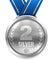 Silver medal on blue ribbon. Competition award badge