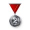 Silver Medal Vector. Metal Realistic Second Placement Achievement. Round Medal With Red Ribbon, Relief Detail Of Laurel