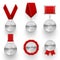 Silver medals with red ribbons  rosette  laurel wreaths realistic set. Metal awards  sport prizes