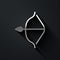 Silver Medieval bow and arrow icon isolated on black background. Medieval weapon. Long shadow style. Vector