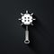 Silver Medieval chained mace ball icon isolated on black background. Medieval weapon. Long shadow style. Vector
