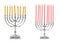 Silver menorahs with burning candles on white background. Hanukkah celebration