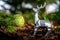 Silver metal shiny modern geometric deer with christmas ornament in the pine tree woods nature