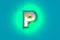 Silver metallic font with yellow outline and green noisy backlight - letter P isolated on blue, 3D illustration of symbols