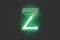 Silver metalline with emerald outline and green noisy backlight alphabet - letter Z isolated on dark, 3D illustration of symbols