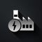 Silver Nuclear power plant icon isolated on black background. Energy industrial concept. Long shadow style. Vector