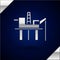 Silver Oil platform in the sea icon isolated on dark blue background. Drilling rig at sea. Oil platform, gas fuel