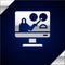 Silver Online education and graduation icon isolated on dark blue background. Online teacher on monitor. Webinar and