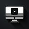 Silver Online play video icon isolated on black background. Computer monitor and film strip with play sign. Long shadow