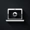 Silver Online play video icon isolated on black background. Laptop and film strip with play sign. Long shadow style