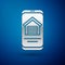 Silver Online real estate house on smartphone icon isolated on blue background. Home loan concept, rent, buy, buying a