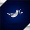 Silver Peace dove with olive branch icon isolated on dark blue background. Happy Easter. Vector Illustration