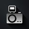 Silver Photo camera with lighting flash icon isolated on black background. Foto camera. Digital photography. Long shadow