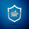 Silver Piggy bank with shield icon isolated on blue background. Saving or accumulation of money, investment. Insurance