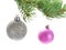 Silver, pink baubles on Christmas tree