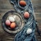 Silver plate, eggs and cutlery