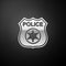Silver Police badge icon isolated on black background. Sheriff badge sign. Long shadow style. Vector