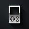 Silver Portable tetris electronic game icon isolated on black background. Vintage style pocket brick game. Interactive