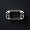 Silver Portable video game console icon isolated on black background. Gamepad sign. Gaming concept. Long shadow style